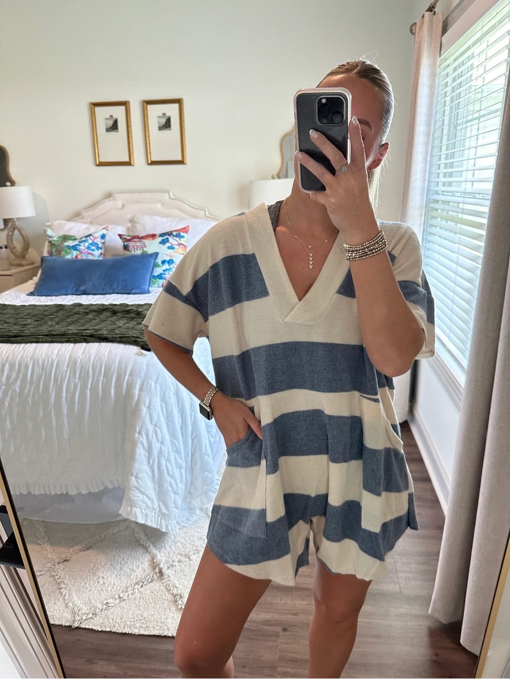 Blue and Cream Striped V-Neck Tunic